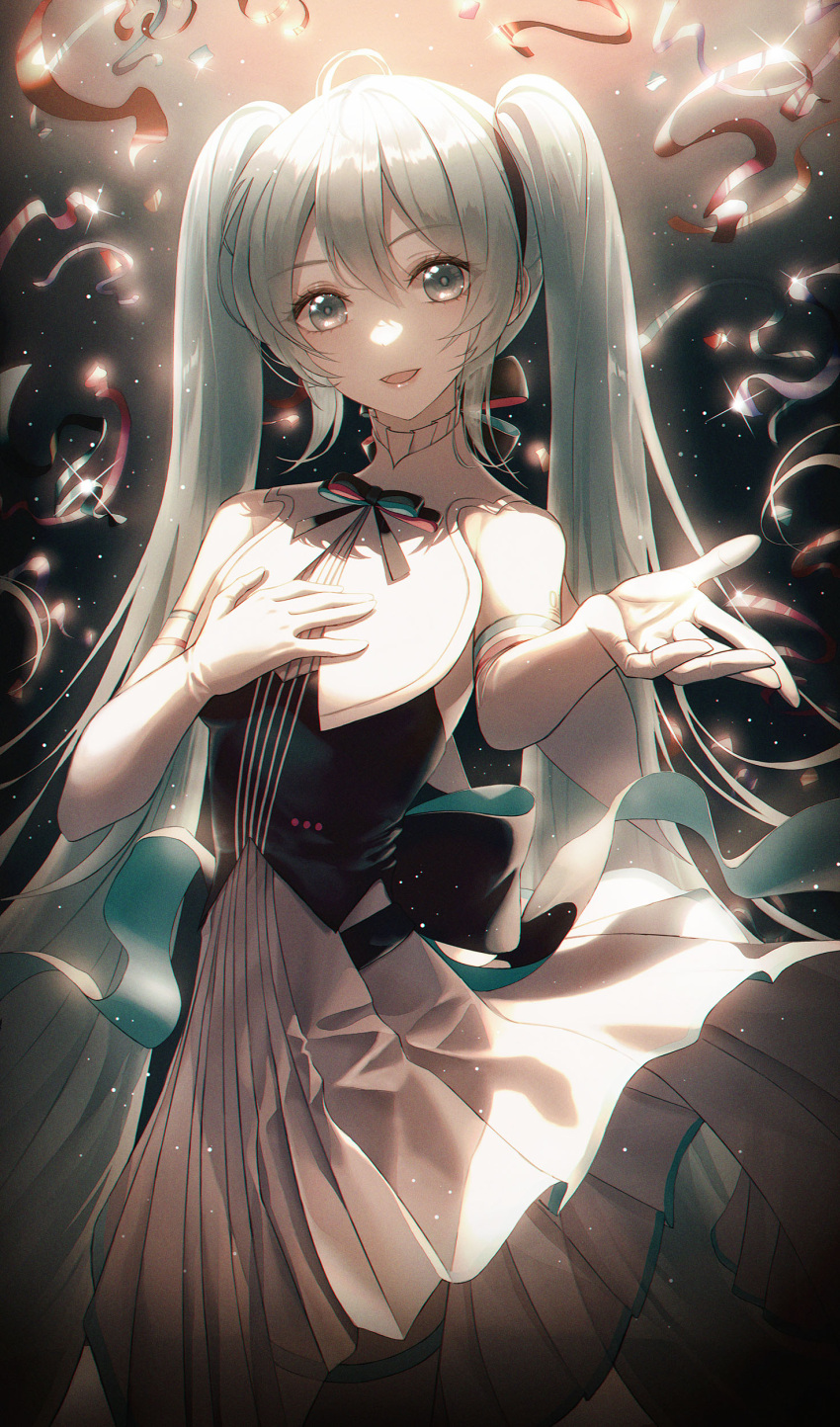 1girl absurdres aqua_eyes aqua_hair bangs chiffon_skirt commentary_request dark detached_sleeves dress elbow_gloves eyelashes feet_out_of_frame gloves glowing glowing_hair green_ribbon green_shirt hand_on_own_chest hatsune_miku hhl_(ggul80hg58) highres light light_blush long_hair long_skirt looking_at_viewer miku_symphony_(vocaloid) neck_ribbon open_mouth reaching_out red_ribbon ribbon shirt skirt sleeveless sleeveless_shirt smile solo standing thighhighs twintails very_long_hair vocaloid white_skirt white_thighhighs