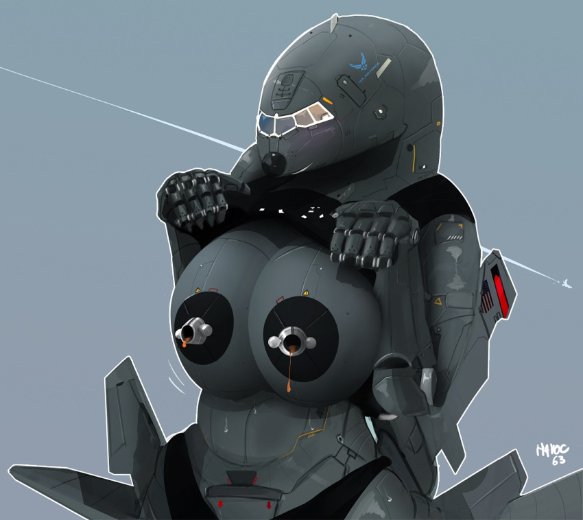 aerola aircraft aircraft_humanoid anthro big_breasts blush bodily_fluids breasts female fuel havoc63 lactating living_aircraft living_machine living_vehicle machine nipple_piercing nipples piercing showing_breast shy simple_background smile solo u.s._air_force vehicle warning_label