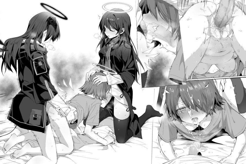 3girls arknights bottomless censored close-up clothed_sex dark_halo deepthroat demon_girl demon_horns demon_tail doggystyle erection exusiai_(arknights) fellatio fff_threesome fur-trimmed_jacket fur_trim futa_with_female futanari greyscale group_sex halo hands_on_another's_head hood hood_down hooded_jacket horns incest jacket kataokasan kneeling lemuen_(arknights) long_hair monochrome mosaic_censoring mostima_(arknights) multiple_girls multiple_penises multiple_views necktie oral penis robe second-party_source shirt short_hair siblings sisters spitroast t-shirt tail thighhighs threesome vaginal x-ray