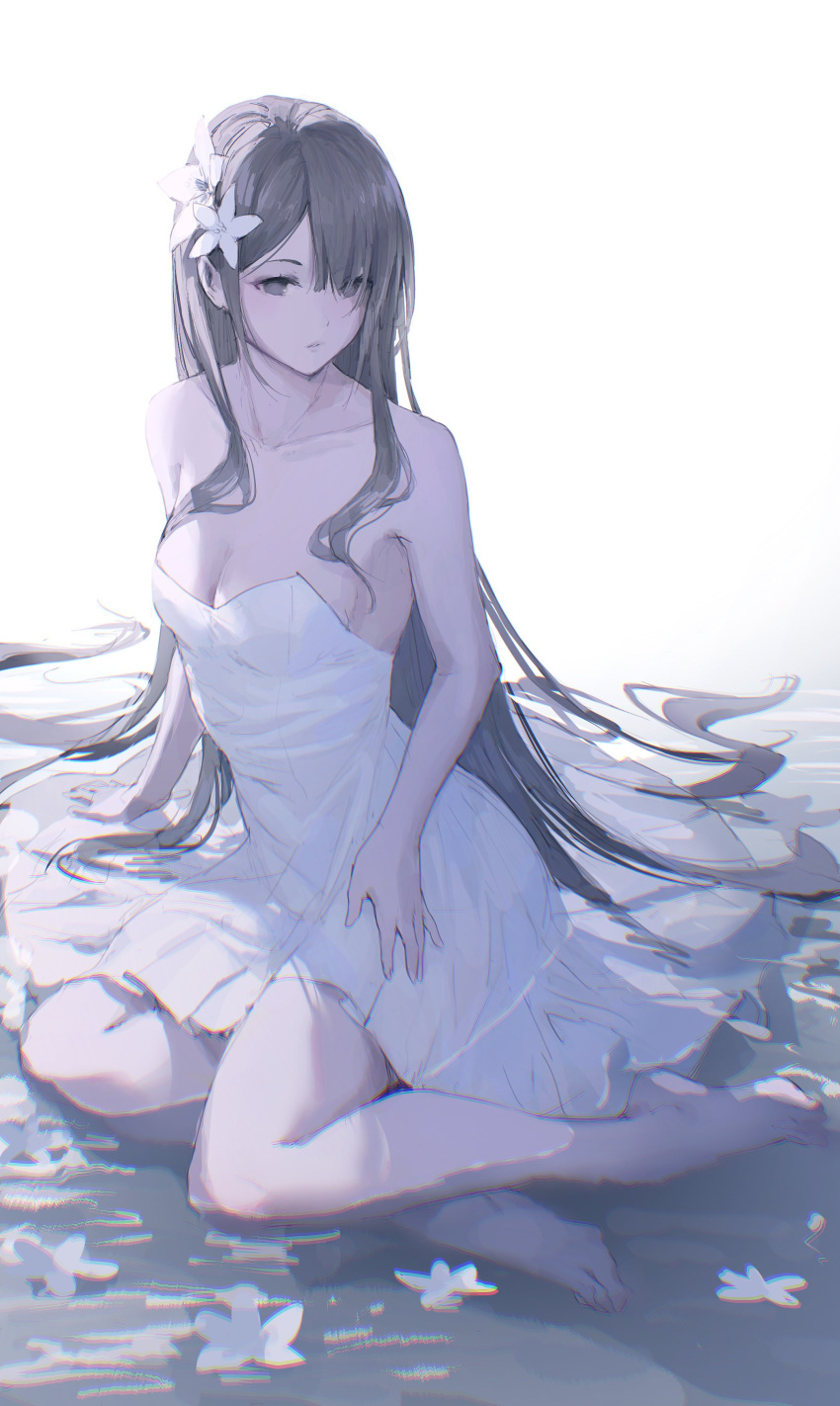 1girl absurdly_long_hair absurdres asymmetrical_bangs bangs bare_shoulders barefoot breasts cleavage collarbone commentary covered_navel dress english_commentary erospanda expressionless eyelashes feet flower frilled_dress frills grey_eyes grey_hair hair_flower hair_ornament hair_over_one_eye highres long_hair looking_at_viewer medium_breasts original parted_bangs parted_lips shallow_water sidelocks sitting solo strapless strapless_dress very_long_hair water white_background white_dress white_flower yokozuwari