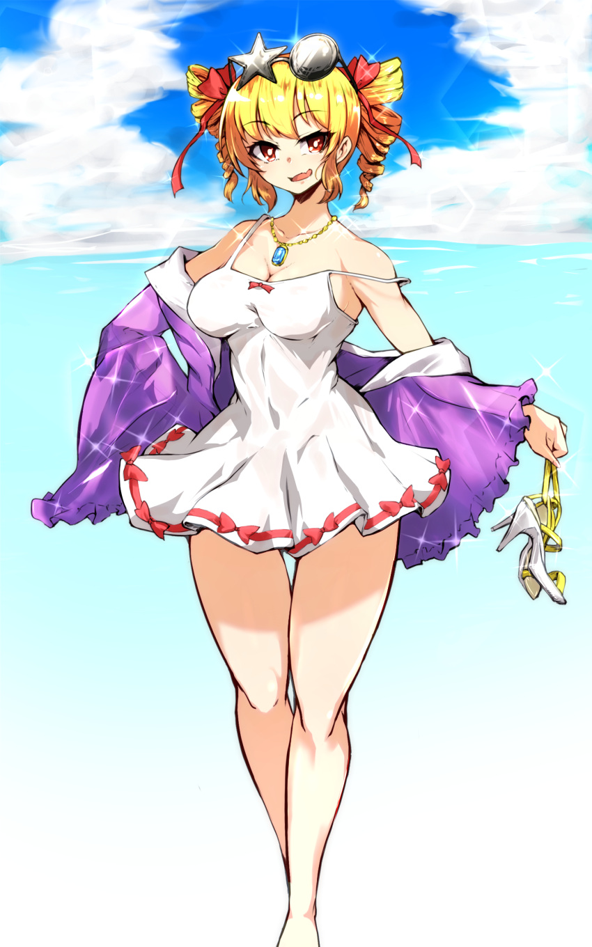 1girl :d absurdres bangs bare_shoulders blonde_hair blue_sky cloud dress drill_hair eyewear_on_head high_heels highres jewelry looking_at_viewer necklace ocean off_shoulder pandain red_eyes shoes shoes_removed sky smile solo sunglasses touhou twin_drills white_dress white_footwear yorigami_jo'on