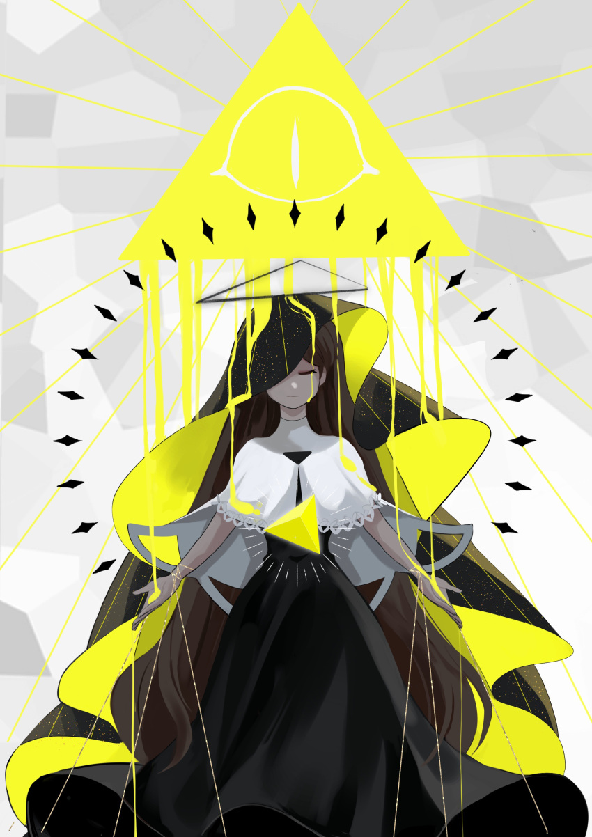 1girl absurdres bill_cipher black_dress brown_hair capelet dress facing_viewer glowing gravity_falls grey_background guozijam halo highres lace_trim liquid long_hair long_sleeves looking_at_viewer mabel_pines one-eyed one_eye_covered outstretched_arms puppet_strings solo solo_focus starry_sky_print string tetrahedron triangle two-sided_fabric veil very_long_hair wet white_capelet yellow_theme