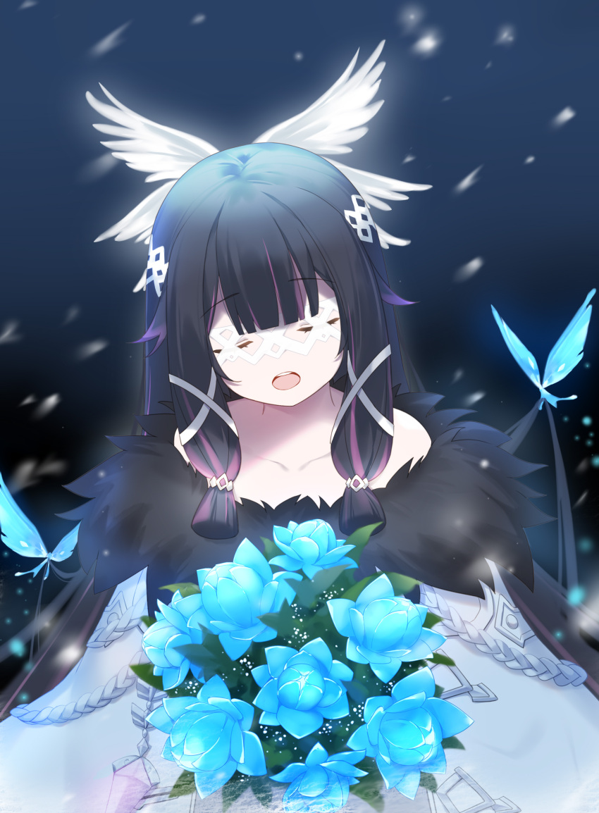 1girl absurdres bangs black_hair blue_flower bouquet cloak closed_eyes collarbone columbina_(genshin_impact) commentary facing_viewer flower fufumi fur-trimmed_cloak fur_trim genshin_impact highres multicolored_hair open_mouth purple_hair solo streaked_hair symbol-only_commentary teeth upper_teeth white_cloak