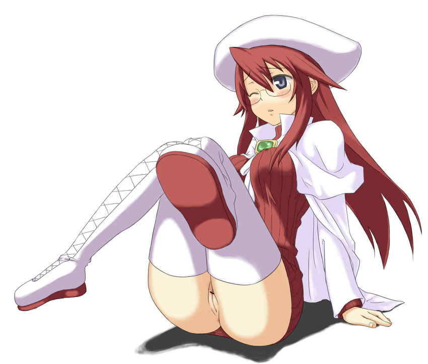 anus aty_(summon_night) blue_eyes blush boots breasts cape censored glasses hat hou_(hachiyou) legs legs_up long_hair medium_breasts no_panties one_eye_closed pointless_censoring pubic_hair pussy red_hair sitting solo summon_night summon_night_3 thighhighs white_footwear