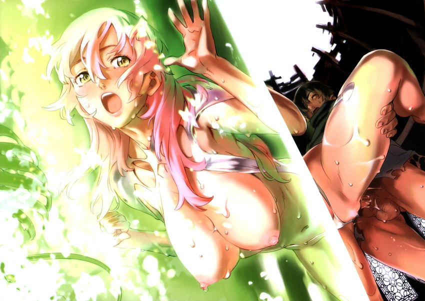 breasts cum flexible gelatinous_cube highres large_breasts lipstick long_hair makeup nipples nishieda open_mouth original penis pink_hair pubic_hair sex skeleton solo_focus spread_legs sweat tears torn_clothes uncensored vaginal yellow_eyes