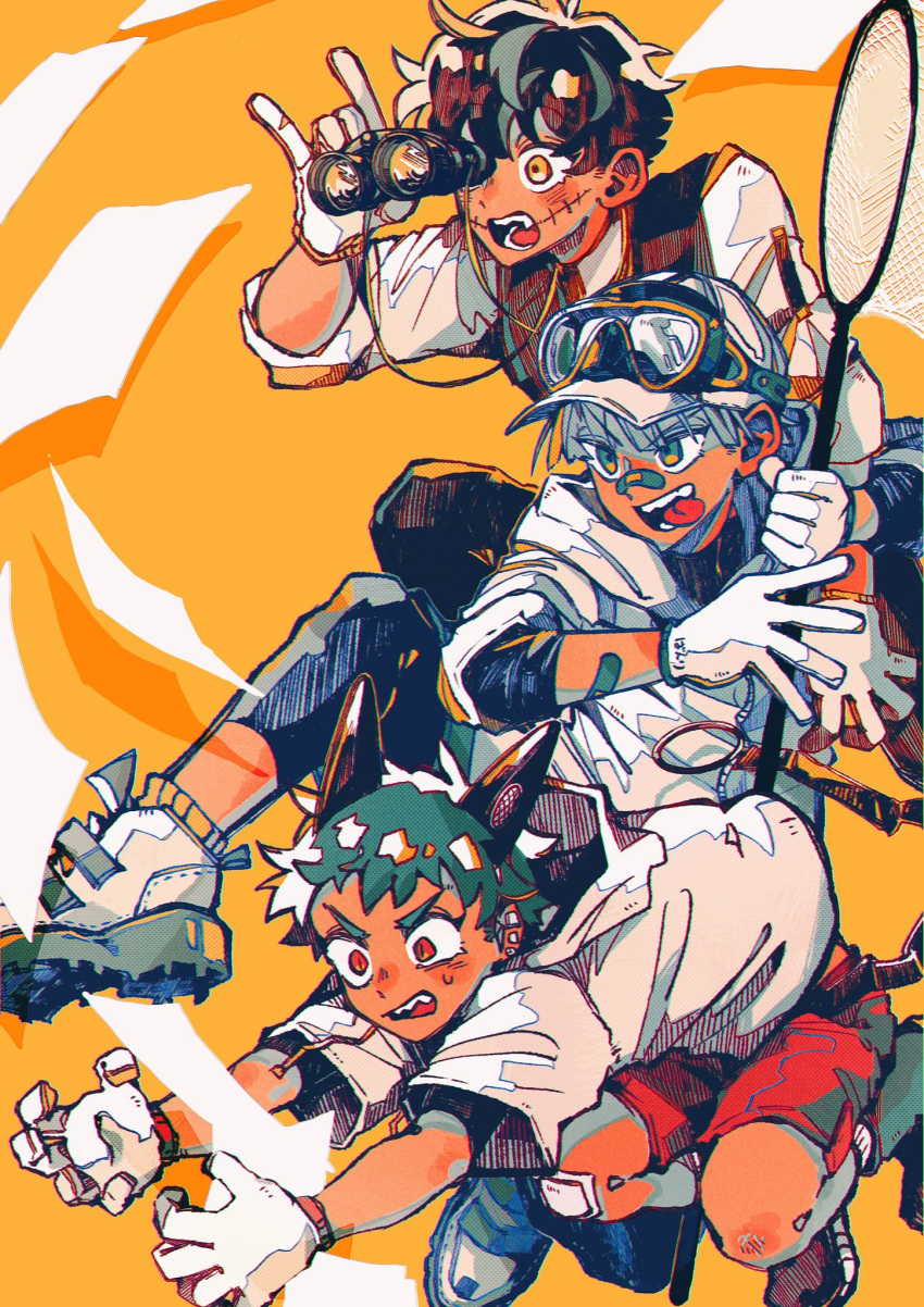 3boys bandaid bandaid_on_arm baseball_cap binoculars black_hair black_horns black_pants black_vest blue_eyes butterfly_net fake_horns gauze gloves goggles goggles_on_headwear green_hair grey_hair hand_net hand_up hands_up hat hata_kiwi highres holding holding_binoculars hood hood_down hooded_jacket horns jacket long_sleeves looking_to_the_side male_focus multicolored_eyes multicolored_hair multiple_boys open_mouth original outstretched_arms pants red_eyes red_shorts sharp_teeth shirt shoes short_hair shorts sneakers stitches streaked_hair teeth tongue tongue_out two-tone_hair vest white_footwear white_gloves white_headwear white_jacket white_shirt yellow_background yellow_eyes