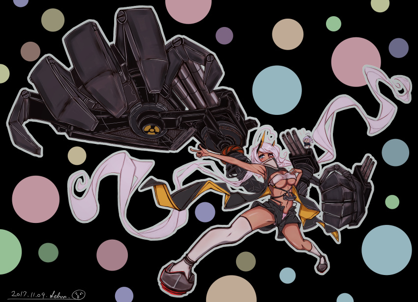 2girls absurdly_long_hair ahoge asymmetrical_legwear azur_lane bangs black_background blue_eyes breasts cleavage commentary_request covered_mouth dark-skinned_female dark_skin dated facepaint full_body grey_footwear heart heart_ahoge heterochromia highres horns indianapolis_(azur_lane) kilabo large_breasts long_hair mechanical_arms mechanical_horns minigirl multiple_girls nuclear_weapon pink_hair pointing pointing_forward portland_(azur_lane) signature solo_focus thighhighs turret turtleneck twintails underboob uneven_legwear very_long_hair white_bandeau white_thighhighs yellow_eyes