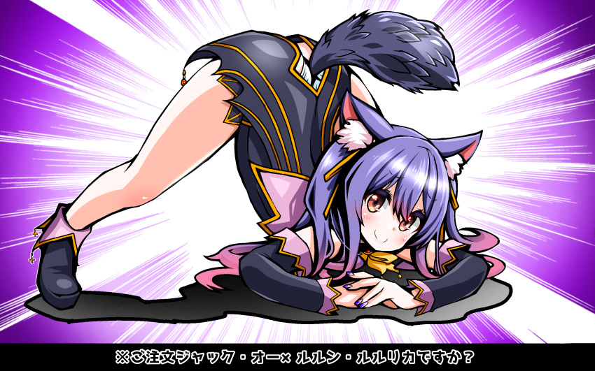 .live 1girl animal_ears commentary_request detached_sleeves hair_between_eyes highres jack-o'_challenge long_hair looking_at_viewer orange_eyes pose purple_eyes rurun_rururica shoes simple_background smile solo tail virtual_youtuber wolf_ears wolf_tail zebrablack