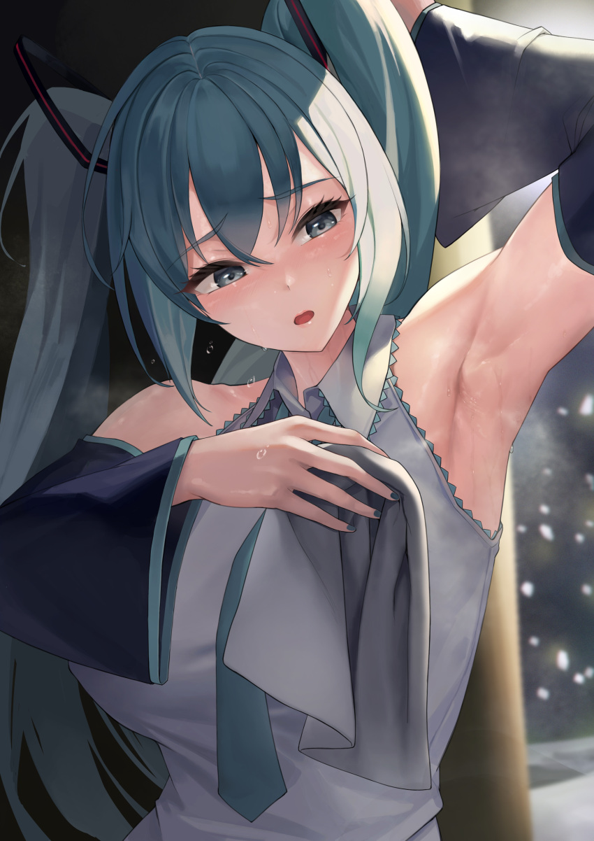 1girl absurdres aqua_hair aqua_necktie arm_up armpits boots breasts hatsune_miku highres long_hair mute_(mute89539160) necktie open_mouth sleeveless solo steam sweat sweatdrop thigh_boots tie_clip twintails upper_body very_long_hair vocaloid