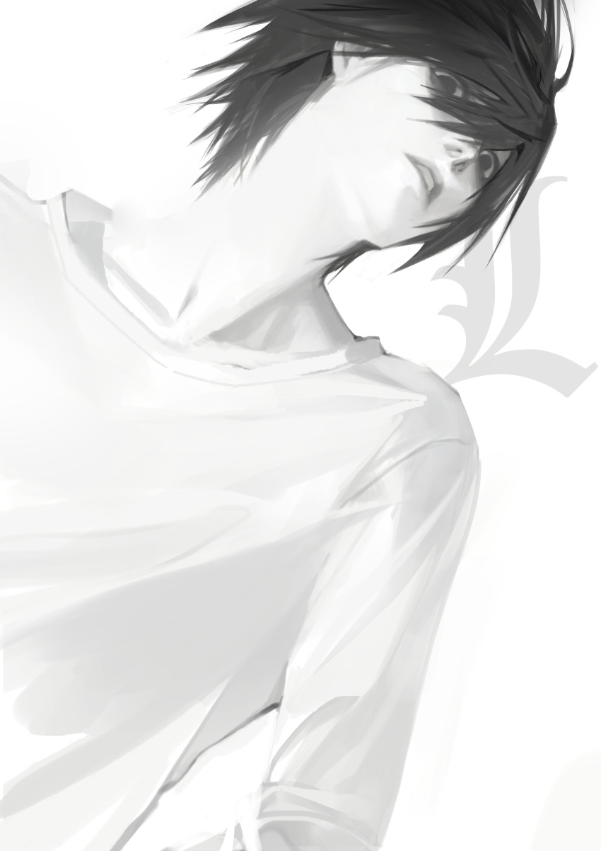 1boy absurdres bags_under_eyes character_name death_note from_below greyscale hair_between_eyes highres l_(death_note) long_sleeves looking_at_viewer looking_down male_focus monochrome pullover short_hair simple_background solo upper_body wz_(woyzeck)