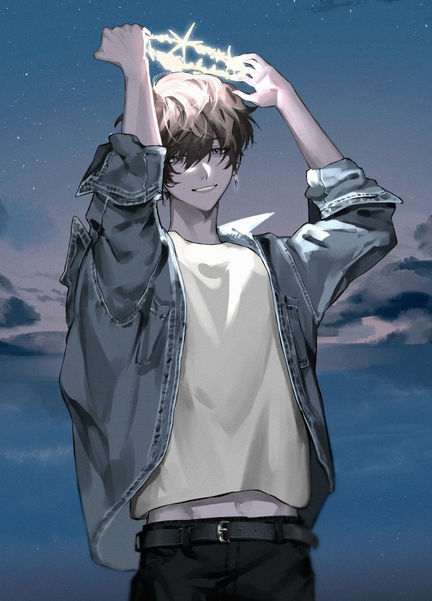 1boy belt blue_eyes blue_jacket blue_sky cloud cloudy_sky cropped denim denim_jacket earrings eyes_visible_through_hair film_grain glowing hair_between_eyes halo highres holding_halo jacket jewelry light_particles looking_at_viewer male_focus midriff_peek navel night night_sky ocean open_clothes open_jacket original parted_lips reflection sky sleeves_rolled_up smile solo sriokorr star_(sky) starry_sky water