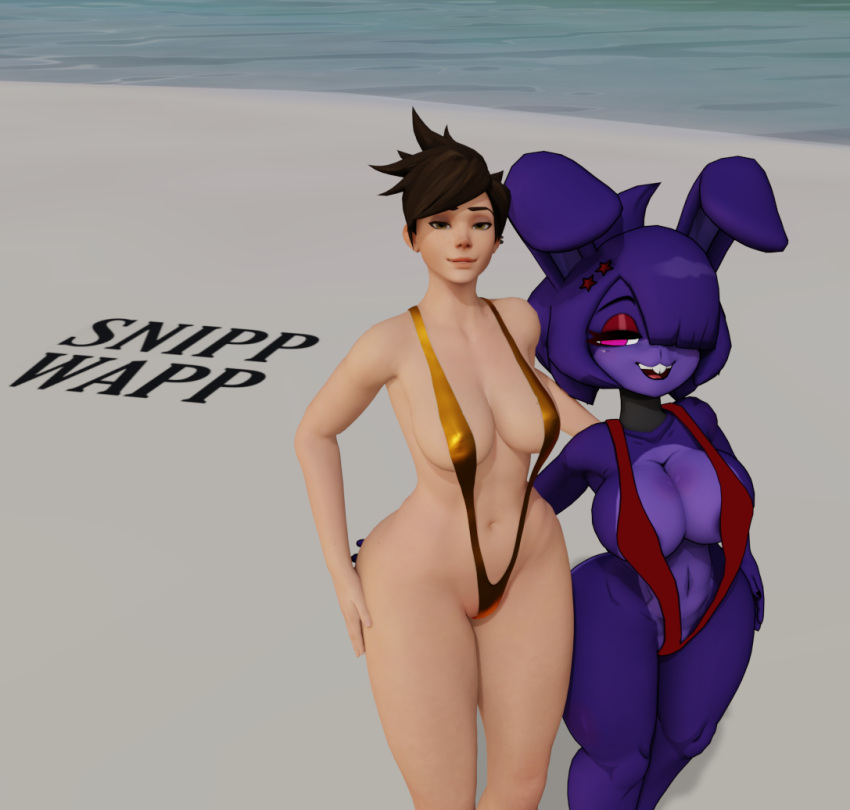 2022 3d_(artwork) animatronic anthro areola big_breasts bikini blender_(software) blizzard_entertainment bonnie_(cally3d) bonnie_(fnaf) breasts clothed clothing digital_media_(artwork) duo female female/female five_nights_at_freddy's fredina's_nightclub hair human humanoid lagomorph leporid looking_at_viewer machine mammal open_mouth overwatch pinup pose purple_body rabbit robot scottgames sling_bikini smile snippwapp swimwear thick_thighs tracer_(overwatch) video_games