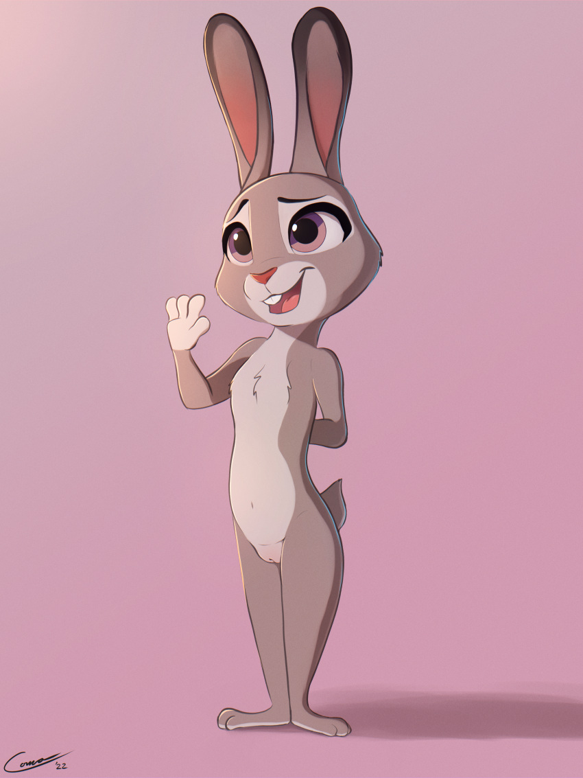 2022 absurd_res anthro barefoot biped comatose digital_media_(artwork) disney featureless_chest feet female fingers fur genitals gesture hi_res judy_hopps lagomorph leporid mammal nude open_mouth purple_eyes pussy rabbit simple_background smile solo standing teeth toes waving zootopia