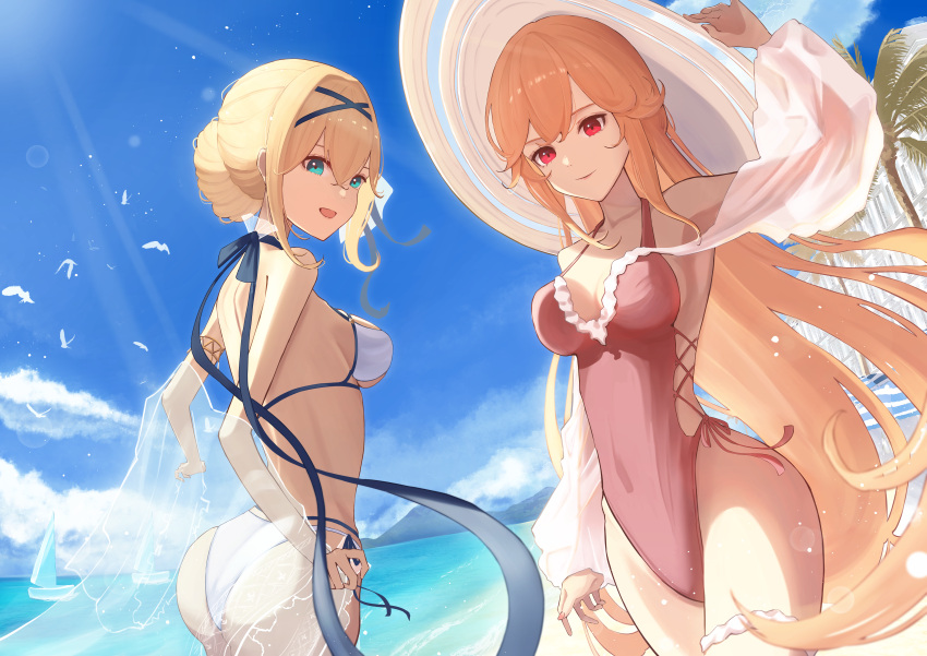 2girls :d absurdres aoi_tooru ass azur_lane beach bikini bird blonde_hair blue_eyes blue_sky breasts commentary_request day detached_sleeves hair_bun hat highres jeanne_d'arc_(azur_lane) jeanne_d'arc_(saintess_of_the_sea)_(azur_lane) long_hair looking_at_viewer medium_breasts multiple_girls ocean one-piece_swimsuit outdoors palm_tree pink_swimsuit red_eyes richelieu_(azur_lane) richelieu_(fleuron_of_the_waves)_(azur_lane) see-through see-through_shawl see-through_sleeves shawl sky smile sun_hat swimsuit tree very_long_hair white_bikini white_sleeves