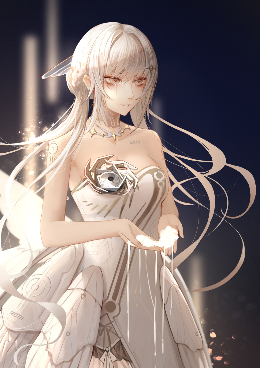 1girl absurdres bare_arms blurry blurry_background breasts collarbone crying dress floating_hair grey_choker grey_eyes highres liv_(punishing:_gray_raven) long_hair medium_breasts parted_lips punishing:_gray_raven smile solo standing strapless strapless_dress tears very_long_hair white_dress white_hair zhi_wozi