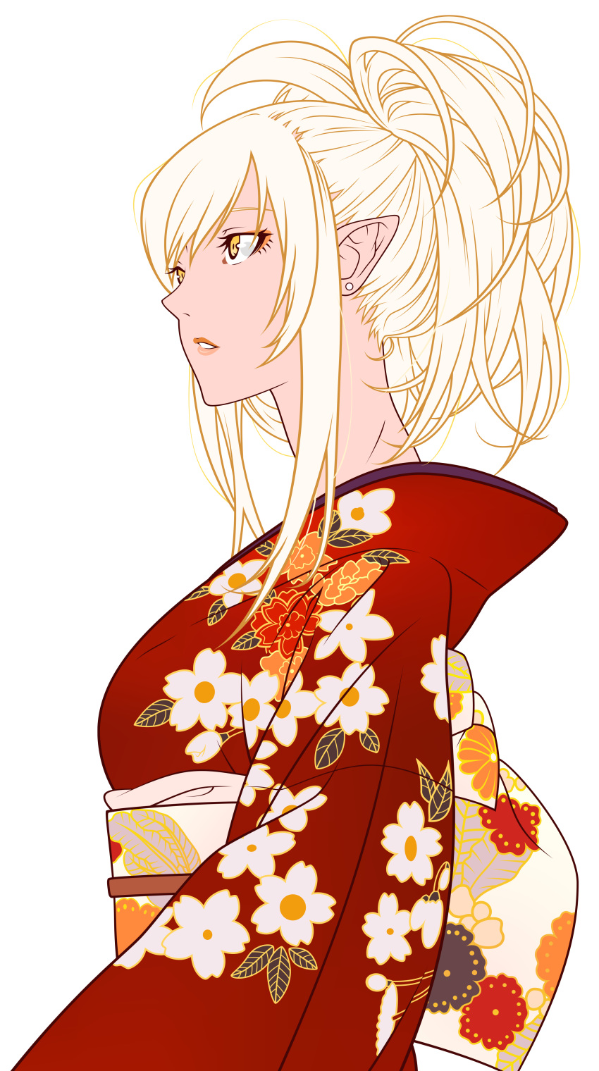 absurdres bangs blonde_hair earrings highres japanese_clothes jewelry kimono kiss-shot_acerola-orion_heart-under-blade long_hair monogatari_(series) phluxxor pointy_ears red_kimono vampire vector_trace yellow_eyes