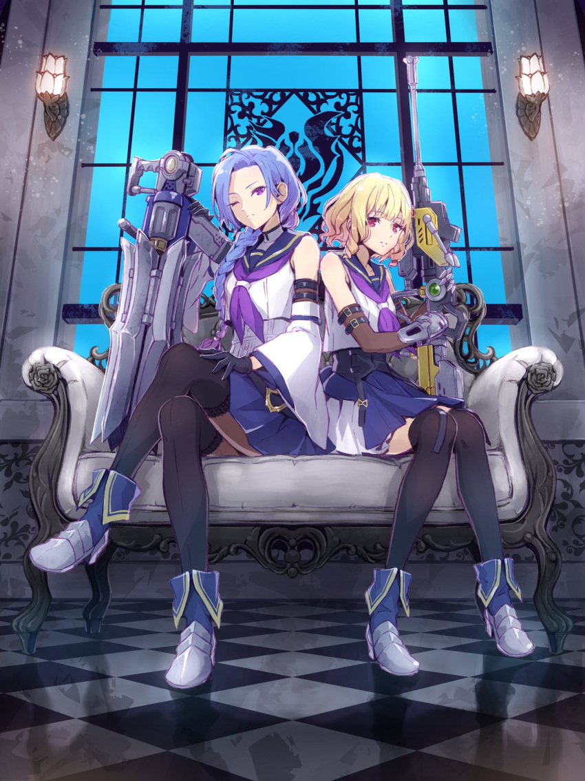 2girls ahoge ankle_boots arm_belt armored_boots assault_lily bangs bare_shoulders belt belt_buckle black_belt black_gloves black_thighhighs blonde_hair blue_footwear blue_hair blue_sailor_collar blue_sky blunt_bangs boots braid braided_ponytail buckle buttons checkered_floor closed_mouth commentary_request corset couch crop_top crossed_legs detached_sleeves drill_hair from_below full_body gauntlets gloves gun hair_over_shoulder hand_on_own_thigh hands_up high_heel_boots high_heels highres holding holding_gun holding_weapon igusa_subaru imamura_yukari_(assault_lily) indoors lamp light_particles long_hair long_sleeves looking_at_viewer miniskirt multiple_girls neckerchief nekomint on_couch one_eye_closed parted_bangs pleated_skirt purple_eyes purple_neckerchief red_eyes reflective_floor rifle sailor_collar school_uniform serafuku shiny shiny_hair shirt short_hair side-by-side sidelocks single_braid sitting skirt sky sleeveless sleeveless_shirt sniper_rifle thighhighs twin_drills undershirt wall_lamp weapon white_shirt wide_sleeves window