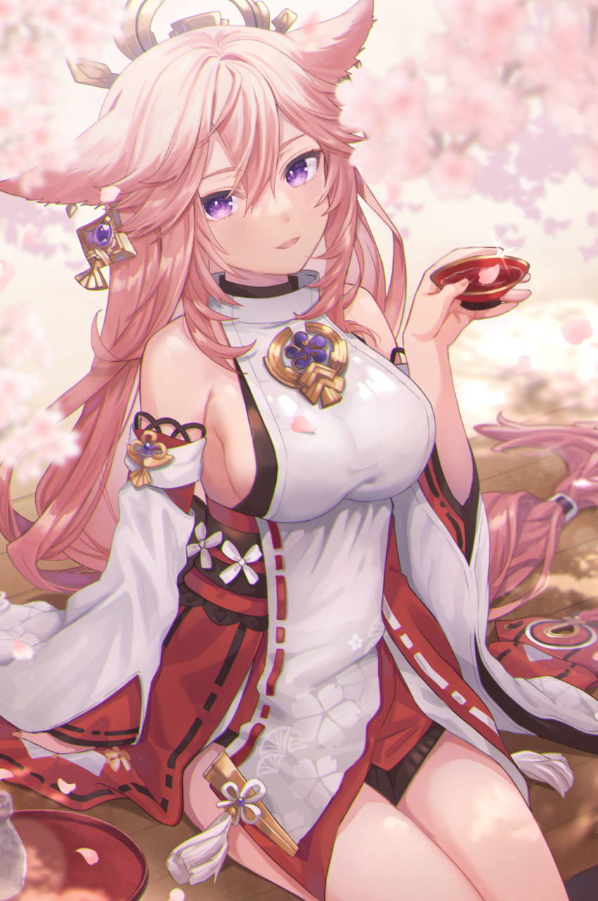1girl animal_ears bangs bare_shoulders breasts cherry_blossoms cup dappled_sunlight detached_sleeves drink earrings floppy_ears flower_knot fox_ears genshin_impact hair_between_eyes hair_ornament hand_up highres holding holding_drink japanese_clothes jewelry large_breasts long_hair looking_at_viewer looking_up low_ponytail outdoors parted_lips petals pink_hair purple_eyes raku_(mwfc4243) sakazuki shirt sideboob sitting sleeveless sleeveless_shirt sleeves_past_wrists smile solo sunlight tassel thighs turtleneck very_long_hair white_shirt wide_sleeves yae_miko