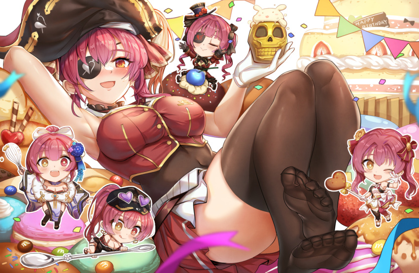 5girls :d ;d baseball_cap birthday birthday_cake birthday_party blueberry blurry blush bow breasts brown_thighhighs cake candy chibi chocolate closed_eyes closed_mouth confetti covered_navel crop_top cup cupcake depth_of_field dessert dokuro-kun_(houshou_marine) eyepatch eyewear_on_head food fruit full_body gloves gold_trim hair_bow hair_ornament hair_ribbon happy_birthday hat heart heart-shaped_eyewear heterochromia holding holding_cup holding_spoon holding_whisk hololive houshou_marine idol japanese_clothes kimono knees_up large_breasts lollipop lying m&amp;m's mini_hat miniskirt multiple_girls multiple_persona no_shoes official_alternate_costume on_back one_eye_closed open_mouth pelvic_curtain pirate_hat pleated_skirt plume ponytail red_eyes red_hair red_skirt ribbon sitting skirt skull_cup smile soles spoon strawberry_cake sunglasses thighhighs thighs toes twintails virtual_youtuber wafer_stick whisk white_gloves yellow_eyes yougen_kitsune zettai_ryouiki