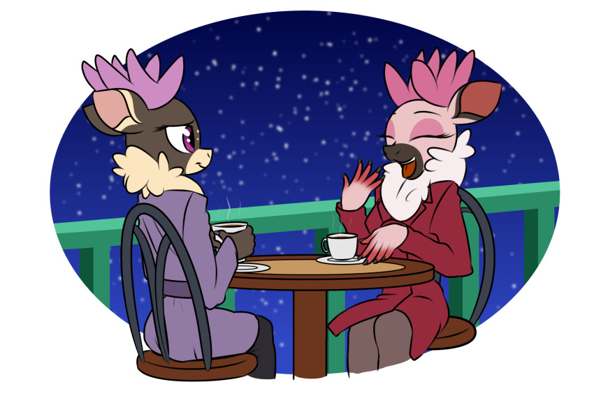 2021 alpha_channel anthro beverage black_muzzle capreoline cervid clothing coat coffee coffee_cup container covering covering_mouth cup dancer_(tfh) duo eyes_closed female fur hi_res holding_object leggings legwear mammal neck_tuft open_mouth pink_antlers pink_body pink_eyelids pink_fur purple_antlers purple_clothing purple_coat purple_eyes purple_topwear railing red_clothing red_coat red_topwear redahfuhrerking reindeer sitting sky smile star starry_sky them's_fightin'_herds topwear tuft vixen_(tfh)
