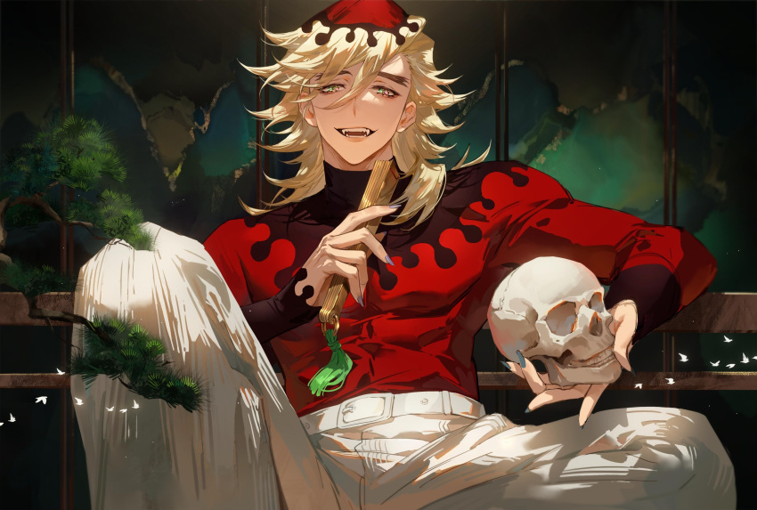 1boy absurdres bird blonde_hair blue_nails bonsai douma_(kimetsu_no_yaiba) eyelashes fangs feet_out_of_frame fingernails folding_fan folding_screen hair_between_eyes hand_fan highres holding holding_fan holding_skull indoors kimetsu_no_yaiba knee_up long_fingernails long_hair long_sleeves looking_at_viewer male_focus minimized multicolored_eyes multicolored_hair pants print_hair rainbow_eyes red_shirt shirt sitting skull sleeves_past_wrists smile solo streaked_hair surreal tassel text_in_eyes tight tight_shirt toned toned_male ttyttytty turtleneck white_pants