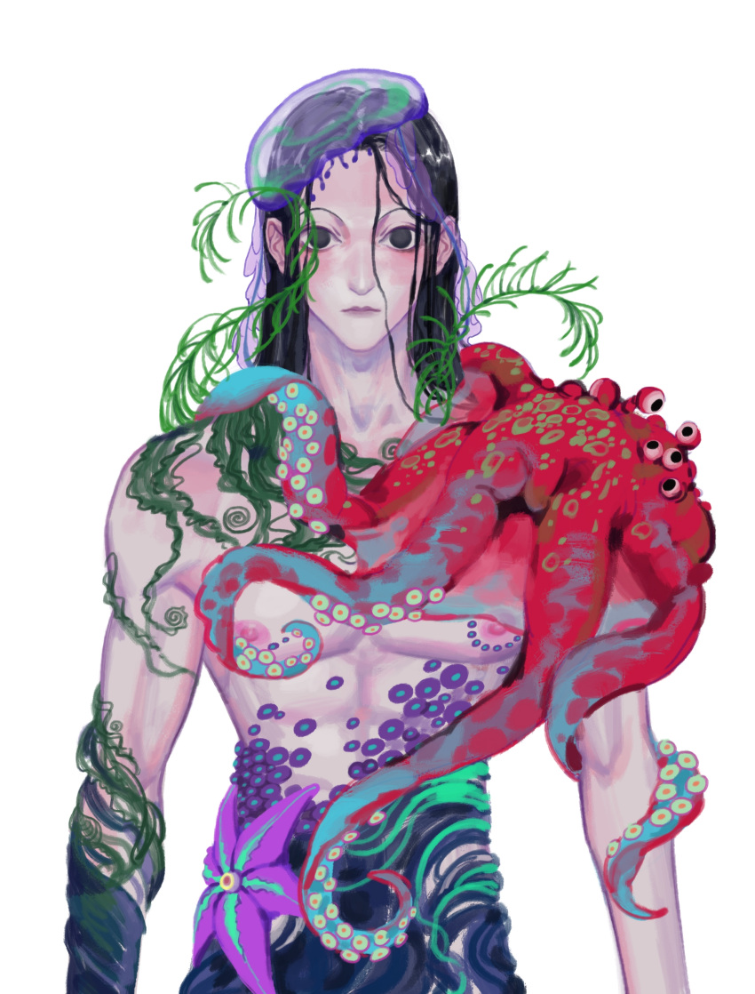 1boy absurdres animal animal_on_head animal_on_shoulder black_eyes black_hair closed_mouth extra_eyes flower hair_between_eyes highres hunter_x_hunter illumi_zoldyck jellyfish kuhuo male_focus nipples nude octopus on_head seaweed simple_background solo tattoo tentacles tentacles_on_male toned toned_male transparent upper_body wet wet_hair white_background