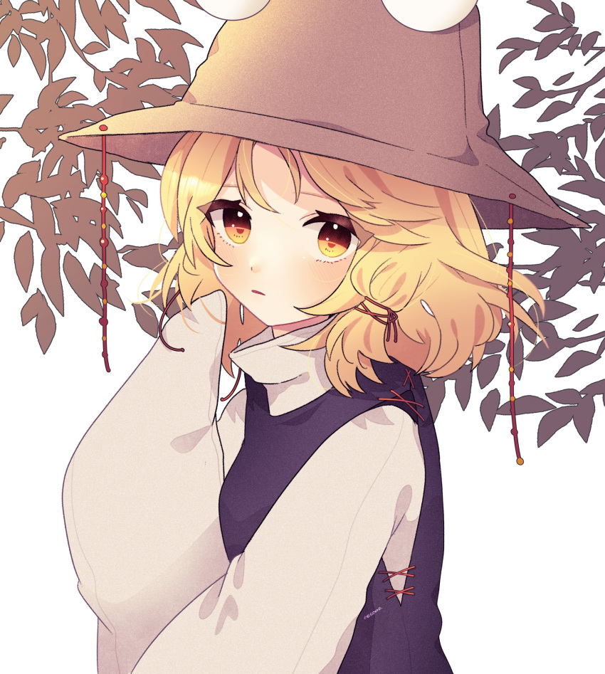 1girl bangs blonde_hair blush branch brown_headwear commentary hand_to_own_mouth hat highres leaf long_sleeves looking_at_viewer medium_hair moriya_suwako necono_(nyu6poko) open_mouth orange_eyes purple_sweater shirt sleeves_past_fingers sleeves_past_wrists solo sweater touhou turtleneck upper_body white_background white_shirt wide_sleeves