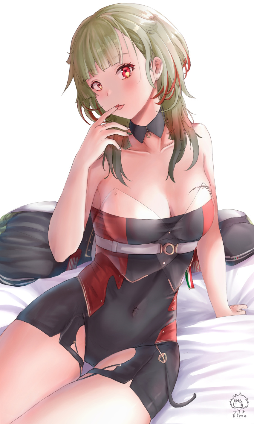 1girl absurdres azur_lane black_dress blush breasts cleavage collarbone dime-san dress finger_to_mouth giuseppe_garibaldi_(azur_lane) gradient_hair green_hair highres looking_at_viewer medium_breasts medium_hair multicolored_hair red_eyes red_hair short_dress sitting sleeveless sleeveless_dress solo strapless strapless_dress tattoo white_background yokozuwari