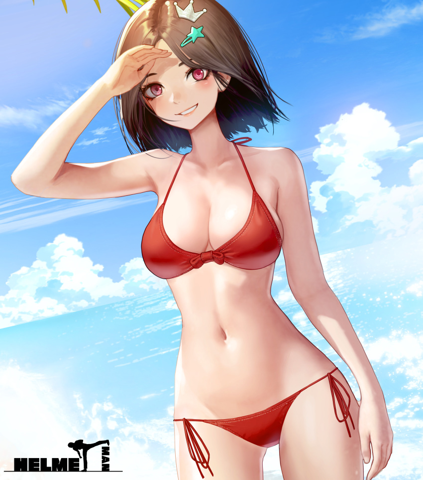 1girl :d absurdres arm_at_side arm_up bangs bare_shoulders bikini blue_sky blush breasts brown_hair cleavage cloud collarbone cowboy_shot crown_hair_ornament day grin hair_ornament hairclip highres jungon_kim large_breasts navel ocean original outdoors parted_bangs parted_lips red_bikini red_eyes red_ribbon ribbon short_hair side-tie_bikini sky smile solo star_(symbol) star_hair_ornament stomach swimsuit water