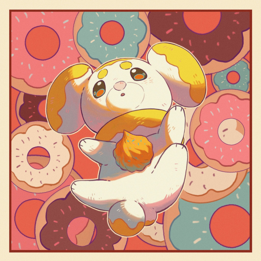 :o animal animal_focus border brown_border brown_eyes dog doughnut fidough food full_body highres no_humans open_mouth pokemon pokemon_(creature) solo wulie_errr