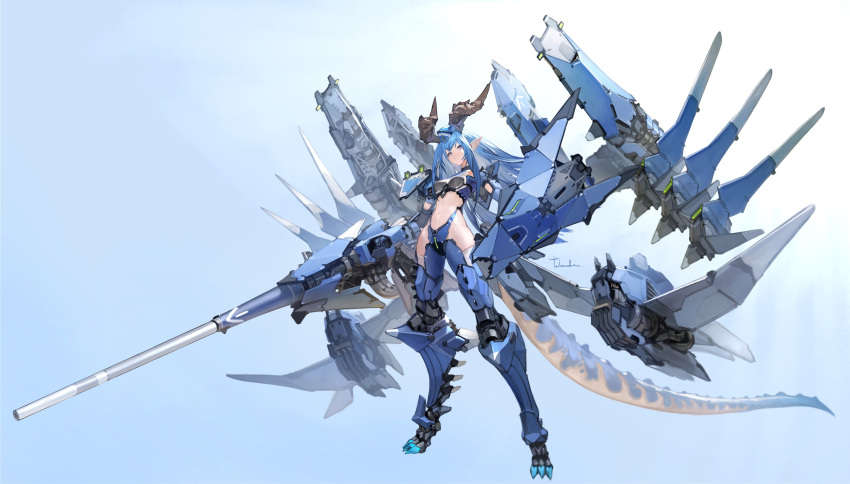 1girl absurdres blue_background blue_hair blue_headwear blue_theme breasts brown_horns closed_mouth dragon_tail gradient gradient_background groin hat head_tilt highres horns long_hair looking_at_viewer mecha_musume mechanical_arms mechanical_legs mechanical_wings navel original pointy_ears purple_eyes robot science_fiction signature single_sidelock solo standing tail takayama_toshiaki weapon wings