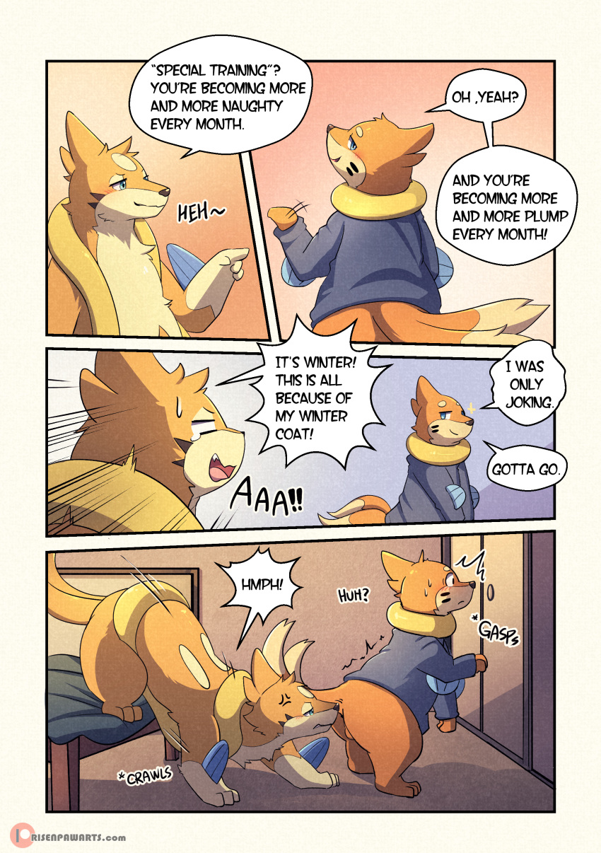 absurd_res all_fours animal_genitalia balls blue_eyes blush buizel clothing comic duo english_text fin floatzel fluffy genitals hi_res lester_(risenpaw) male male/male ness_(risenpaw) nintendo orange_body pok&eacute;mon pok&eacute;mon_(species) raised_tail risenpaw romantic romantic_couple smile sniffing text tongue video_games