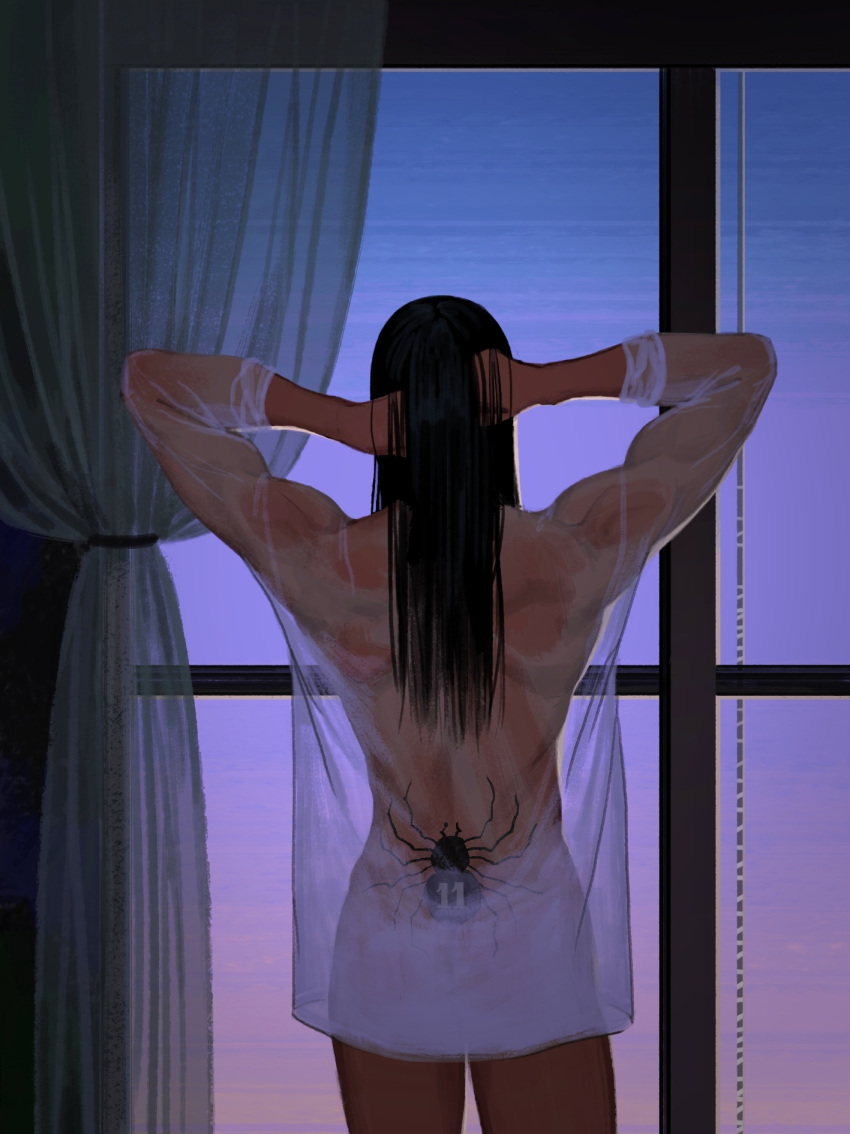1boy arms_up back_tattoo black_hair bottomless cowboy_shot curtains facing_away from_behind gradient_sky hands_in_hair hands_on_own_head highres hunter_x_hunter illumi_zoldyck indoors kuhuo long_hair long_sleeves male_focus number_tattoo see-through see-through_shirt shirt sky solo spider_tattoo standing straight_hair tattoo toned toned_male twilight white_shirt window
