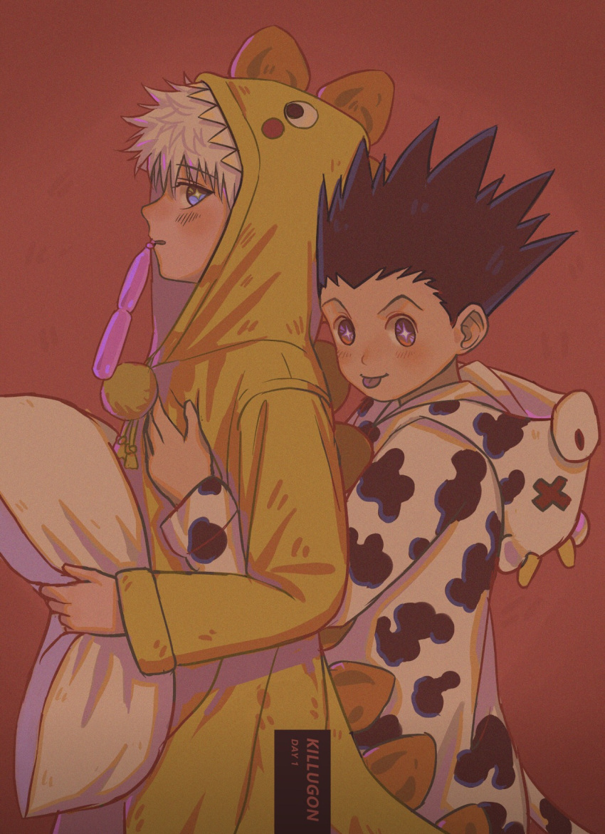 2boys :o animal_costume bangs black_hair blue_eyes blush character_name commentary cow_costume dinosaur_costume drawstring food_in_mouth from_side gon_freecss hand_up highres holding holding_pillow hood hood_down hood_up hug hug_from_behind hunter_x_hunter killua_zoldyck long_sleeves looking_at_viewer luye_yuan male_focus mouth_hold multiple_boys pillow pom_pom_(clothes) profile purple_eyes red_background short_hair spiked_hair symbol-only_commentary upper_body white_hair widow's_peak