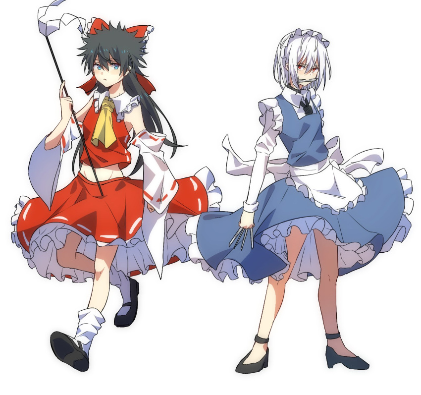 2girls accelerator_(toaru_majutsu_no_index) apron ascot black_footwear black_hair blue_eyes collared_shirt cosplay crop_top detached_sleeves frilled_shirt_collar frilled_skirt frills full_body genderswap genderswap_(mtf) hakama hakama_skirt hakurei_reimu hakurei_reimu_(cosplay) high_heels highres holding holding_stick izayoi_sakuya izayoi_sakuya_(cosplay) japanese_clothes kamijou_touma long_hair long_sleeves maid_apron maid_headdress midriff multiple_girls puffy_long_sleeves puffy_sleeves red_eyes red_hakama red_shirt red_skirt shirt shoes short_hair simple_background skirt sleeveless sleeveless_shirt socks spiked_hair stick suzushina_yuriko toaru_majutsu_no_index touhou waist_apron white_apron white_background white_hair white_sleeves white_socks wide_sleeves xiebaowang yellow_ascot