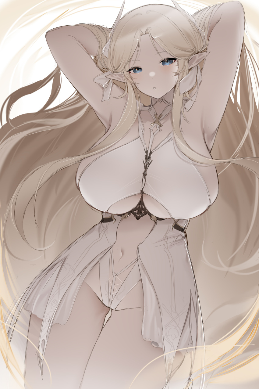 1girl absurdres armpits arms_behind_head arms_up azur_lane bangs bare_arms between_breasts blonde_hair blue_eyes blush breasts brest_(azur_lane) clothing_cutout cowboy_shot groin highres legs_together leotard long_hair looking_at_viewer navel parted_bangs parted_lips pointy_ears revealing_clothes shibuya_(kurokamishain) sidelocks skirt solo thigh_gap underboob very_long_hair white_leotard white_skirt