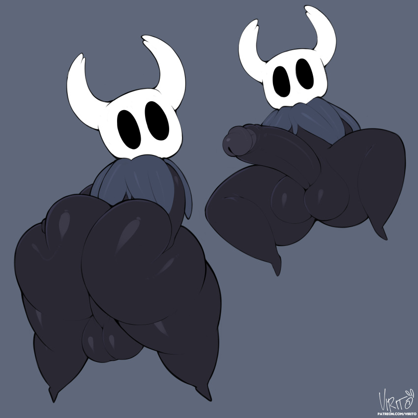 absurd_res anthro arthropod balls big_balls big_butt big_penis black_body butt cloak clothing empty_eyes erection genitals hi_res hollow_knight huge_butt huge_penis looking_at_viewer looking_back male nude penis perineum protagonist_(hollow_knight) solo team_cherry thick_thighs vessel_(species) video_games virito wide_hips