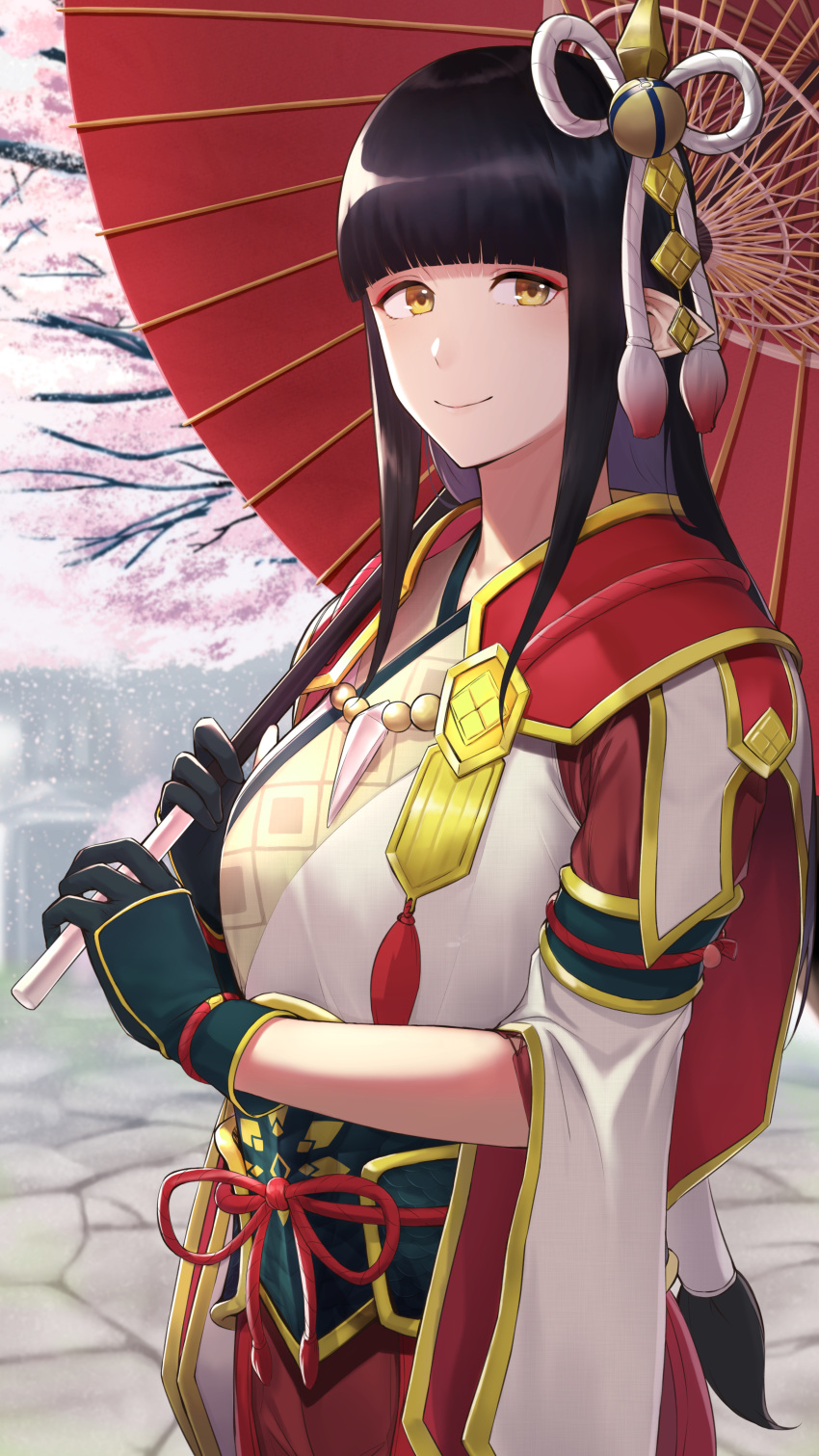 1girl absurdres animal_ears bangs black_hair blunt_bangs breasts cherry_blossoms eyeshadow falling_petals gloves hair_ornament highres hinoa holding holding_umbrella japanese_clothes kimono long_hair looking_at_viewer makeup monster_hunter_(series) monster_hunter_rise petals pointy_ears pointy_hair purinnssu red_eyeshadow shaded_face smile solo tree umbrella white_background yellow_eyes