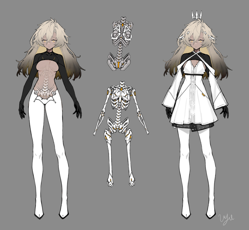 1girl android bangs blonde_hair breasts dark-skinned_female dark_skin dress expressionless grey_background long_hair medium_breasts no_nipples open_hands original pants science_fiction shirousagi_uyu shrug_(clothing) skeleton standing variations white_dress white_pants yellow_eyes