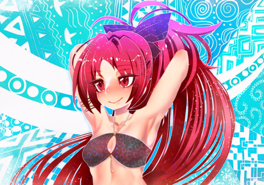 1girl abstract_background armlet armpits arms_up bangs beads bikini black_bikini black_ribbon blush breasts collarbone hair_ribbon hakkasame long_eyelashes long_hair mahou_shoujo_madoka_magica ponytail red_eyes red_hair ribbon sakura_kyouko small_breasts smile solo straight_hair swimsuit upper_body very_long_hair