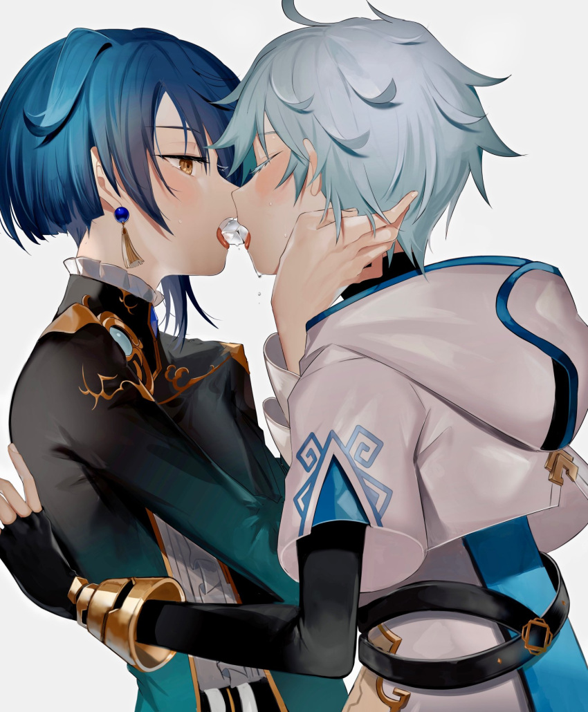 2boys black_gloves blue_hair chinese_clothes chongyun_(genshin_impact) earrings elbow_gloves fingerless_gloves frilled_shirt_collar frilled_sleeves frills genshin_impact gloves highres ice ice_cube imminent_kiss jewelry light_blue_hair long_sleeves looking_at_another male_focus multiple_boys short_hair short_sleeves single_earring tassel tassel_earrings wide_sleeves xingqiu_(genshin_impact) yaoi yellow_eyes yoko_(nz_g)