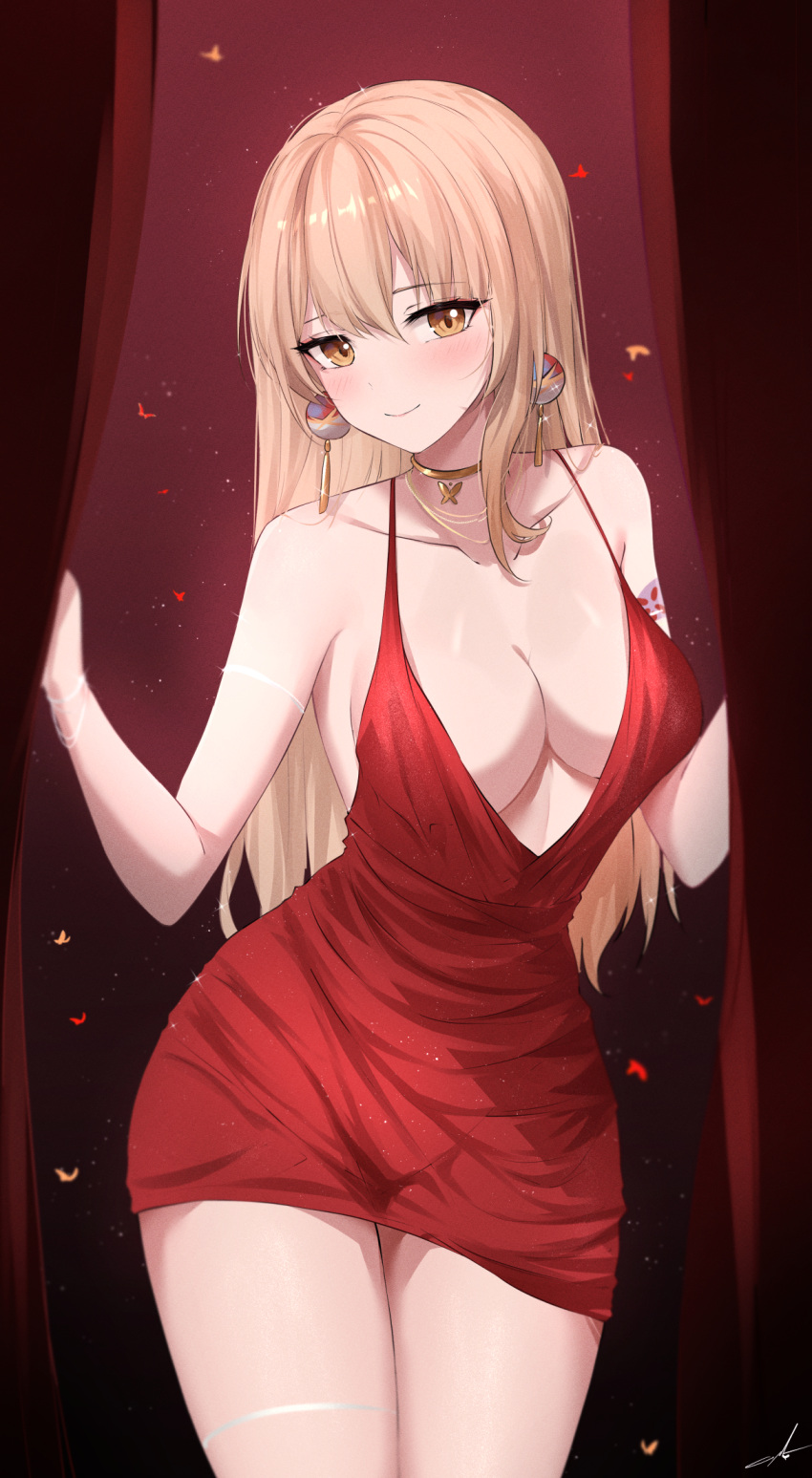 1girl alternate_hairstyle arm_tattoo bare_shoulders blonde_hair blush breasts closed_mouth cocktail_dress collarbone commentary cowboy_shot dress earrings english_commentary feint721 genshin_impact hands_up highres jewelry large_breasts leaning_to_the_side legs_together light_smile long_hair looking_at_viewer no_bra red_dress shiny shiny_hair sleeveless sleeveless_dress solo straight_hair tattoo thighs yoimiya_(genshin_impact)