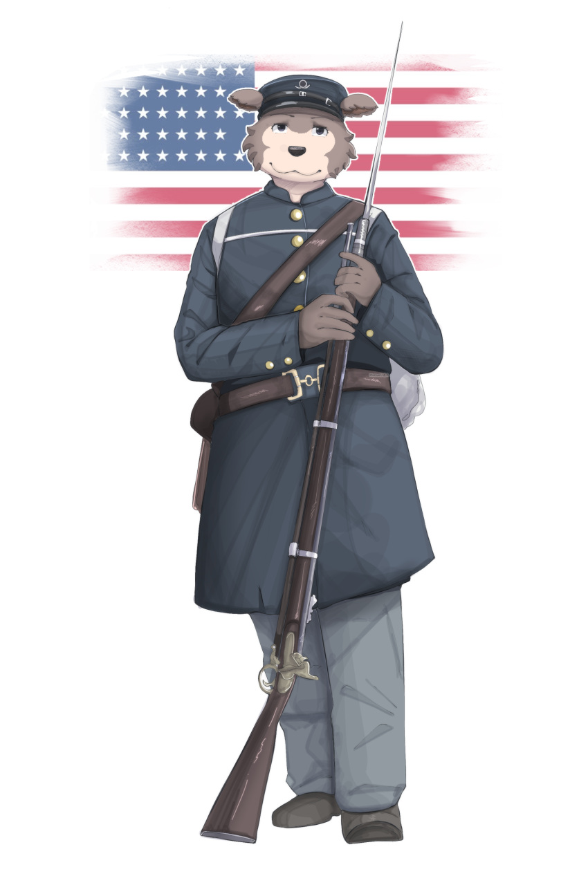 1800s absurd_res anthro beastars brown_body brown_fur canid canine canis civil_war clothing domestic_dog female footwear fur gun hat headgear headwear hi_res hybrid juno_(beastars) mammal melee_weapon mitchthegoat musket musketeer ranged_weapon shoes solo stars_and_stripes uniform union_suit united_states_of_america weapon
