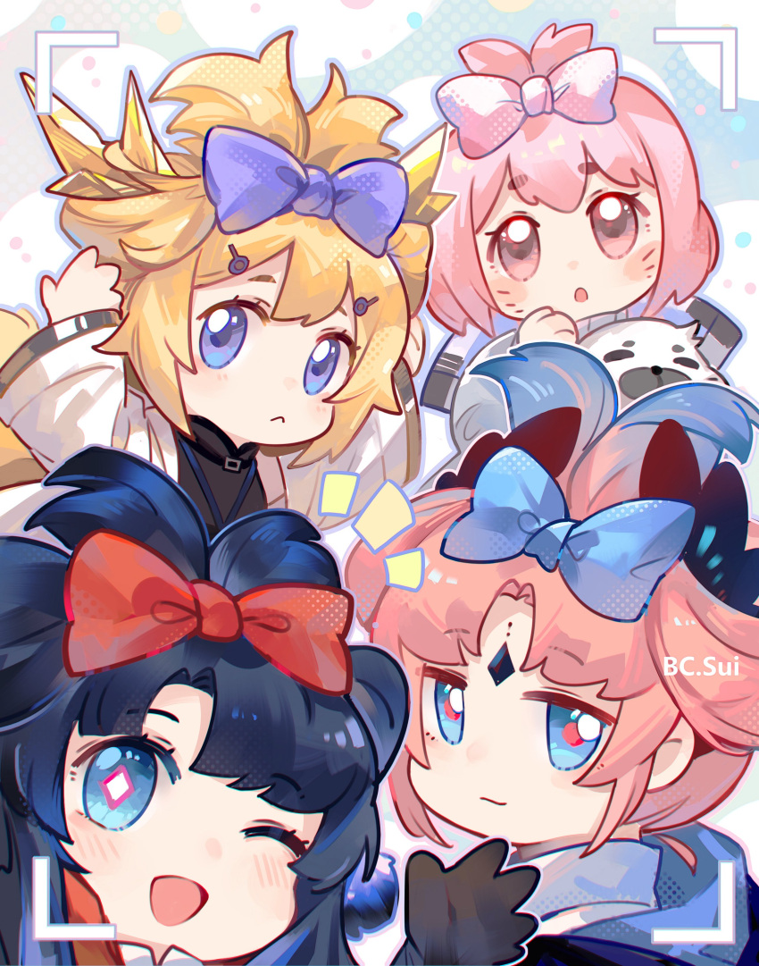 4girls :&lt; :o ;d absurdres animal arknights bangs black_gloves black_hair black_shirt blonde_hair blue_bow blue_eyes blue_hair blue_jacket borrowed_hairstyle bow character_request chibi closed_mouth collared_shirt commentary_request diamond-shaped_pupils diamond_(shape) gloves gradient_hair hair_bow highres hood hood_down hooded_jacket jacket long_sleeves multicolored_hair multiple_girls notice_lines one_eye_closed open_clothes open_jacket parted_bangs parted_lips pink_eyes pink_hair pudding_(arknights) purple_bow seal_(animal) shirt short_eyebrows smile sui_(blackcatsui_yoi) symbol-shaped_pupils thick_eyebrows viewfinder white_jacket white_shirt wide_sleeves