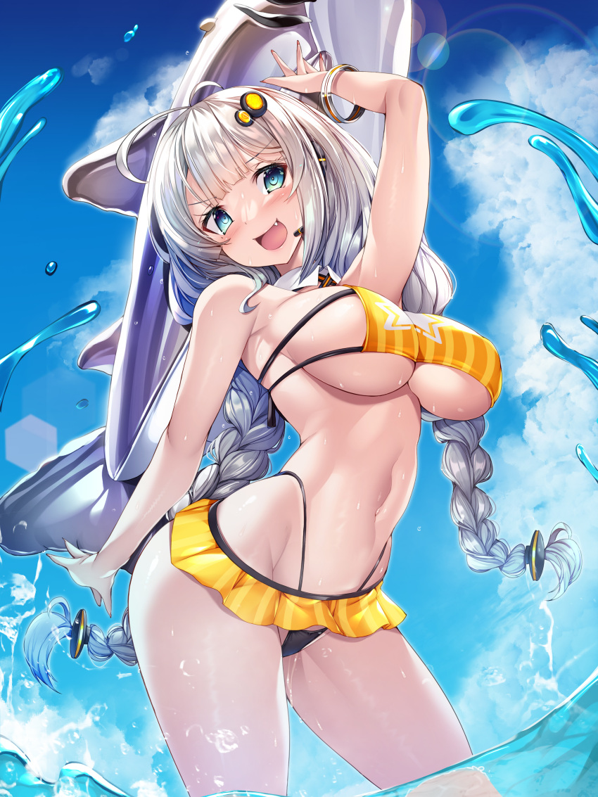 1girl absurdres ahoge aqua_eyes arm_at_side arm_up bangs bare_arms bikini bikini_skirt blue_sky blunt_bangs bracelet braid breasts cloud commentary_request day fangs hair_ornament hair_up highleg highleg_bikini highres inflatable_toy jewelry kizuna_akari large_breasts lens_flare long_hair looking_at_viewer navel open_mouth outdoors partially_submerged shark sideboob sky smile solo standing stomach swimsuit torisan twin_braids underboob v-shaped_eyebrows very_long_hair voiceroid wet white_hair yellow_bikini