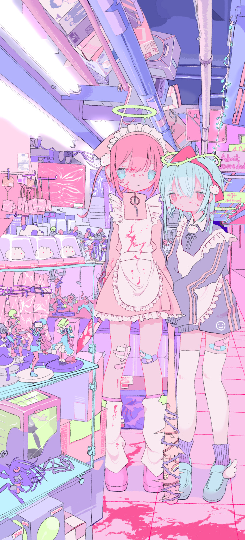 2girls 404 absurdres apron aqua_eyes aqua_footwear aqua_hair bandaid bandaid_on_knee bandaid_on_leg bandaid_on_thigh bangs barbed_wire blood blood_on_clothes blood_on_face blood_on_knife blood_splatter club_(weapon) commentary dress dripping eguchi_saan english_text figure fluorescent_lamp frilled_apron frilled_dress frills hair_between_eyes halo highres holding holding_knife http_status_code indoors industrial_pipe knife leg_warmers long_sleeves looking_at_viewer maid_apron maid_headdress medium_hair multiple_girls original parted_lips pink_blood pink_dress pink_eyes pink_footwear pink_hair purple_socks rainbow ribbed_socks shelf shoes shop sleeves_past_fingers sleeves_past_wrists smiley_face socks socks_over_thighhighs spiked_bat spiked_club sticker thighhighs thorns weapon white_apron white_leg_warmers white_thighhighs zipper zipper_pull_tab