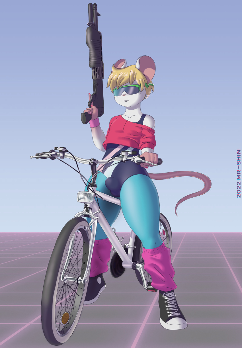 2022 anthro black_clothing black_footwear black_shoes blonde_hair blue_clothing blue_eyewear blue_legwear blue_leotard blue_sunglasses bulge claws clothing eyewear finger_claws footwear front_view fur girly green_eyewear green_sunglasses gun hair hi_res holding_gun holding_object holding_shotgun holding_weapon legwear leotard male mammal marvin_(mr-shin) mouse mr-shin murid murine on_bike pink_body pink_claws pink_clothing pink_fur pink_inner_ear pink_legwear pink_nose pink_wristband ranged_weapon red_clothing red_shirt red_topwear rodent shirt shoes smile solo sunglasses thick_thighs topwear vaporwave weapon white_body white_clothing white_footwear white_fur white_shoes