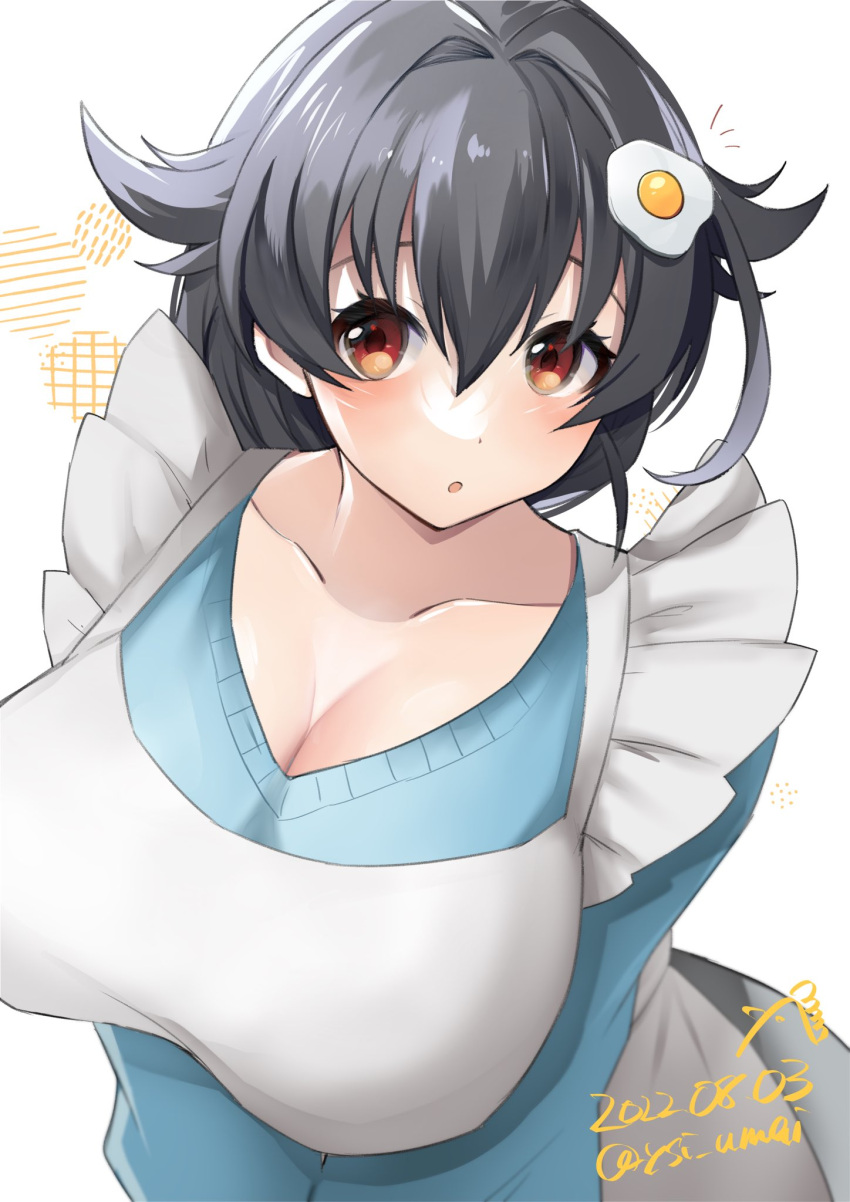 1girl apron black_hair blue_sweater breasts cleavage collarbone commentary_request egg_hair_ornament food-themed_hair_ornament frilled_apron frills hair_flaps hair_ornament highres jingei_(kancolle) kantai_collection large_breasts long_hair looking_at_viewer low_ponytail official_alternate_costume one-hour_drawing_challenge red_eyes simple_background solo sweater toriniku_senshi_chikinman upper_body white_apron white_background