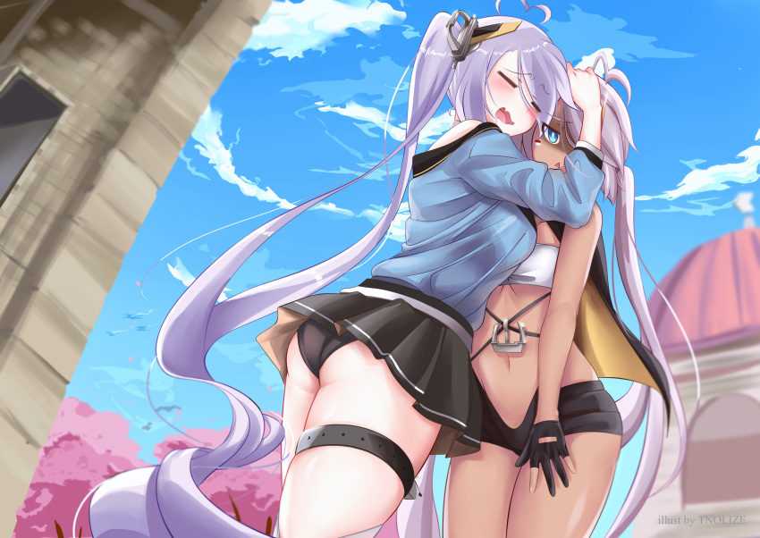 ahoge azur_lane bangs belt black_belt black_gloves black_sailor_collar black_shorts black_skirt blue_eyes blue_shirt blush breasts building cherry_blossoms closed_eyes cloud commentary dark-skinned_female dark_skin day english_commentary facepaint fang feet_out_of_frame gloom_(expression) gloves hand_on_another's_head heart heart_ahoge highres hug indianapolis_(azur_lane) large_breasts long_hair medium_breasts miniskirt navel open_mouth outdoors partially_fingerless_gloves pink_hair pleated_skirt portland_(azur_lane) purple_hair sailor_collar shirt short_shorts shorts siblings side_ponytail siscon sisters skin_fang skirt smile thigh_belt thigh_strap tnolize triangle_mouth twintails underboob very_long_hair white_bandeau