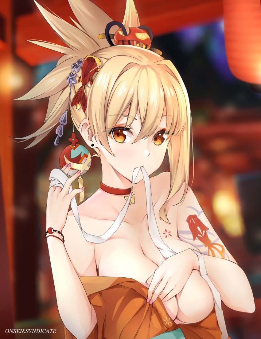 1girl arm_tattoo asymmetrical_hair bandages bare_shoulders blonde_hair blurry blurry_background bracelet breasts chest_tattoo choker cleavage collarbone depth_of_field ear_piercing fish_hair_ornament flower genshin_impact gs_(onsen_syndicate) hair_flower hair_ornament highres japanese_clothes jewelry kimono kimono_pull large_breasts looking_at_viewer mouth_hold no_bra orange_eyes piercing pink_nails red_choker short_ponytail solo tattoo upper_body yoimiya_(genshin_impact)